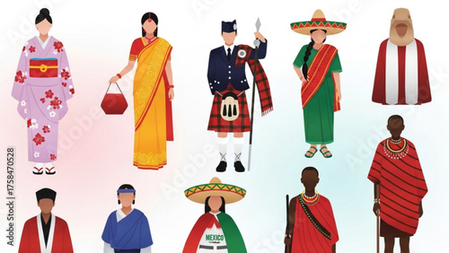 Diverse group of people wearing traditional clothing from different cultures standing together against a white backdrop, showcasing cultural heritage and unity.