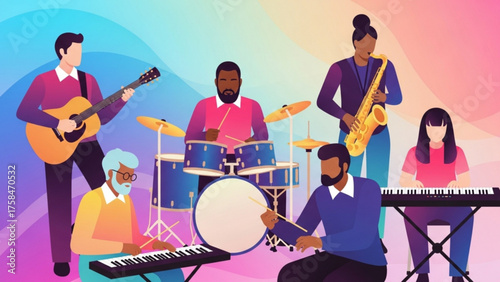 Diverse group of musicians playing instruments together on colorful stage, creating vibrant and joyful musical performance.