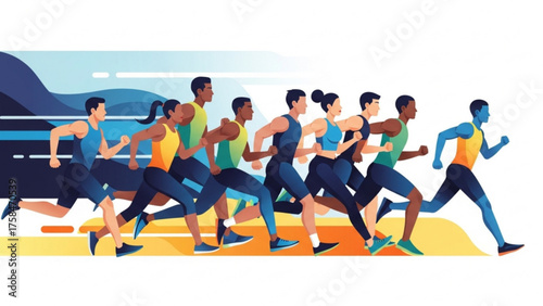 Diverse group of runners sprinting down the road during a marathon race, showcasing teamwork and determination with vibrant colors and dynamic motion.