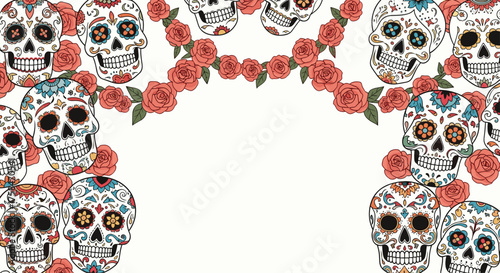 Day of the dead sugar skulls and roses decoration.