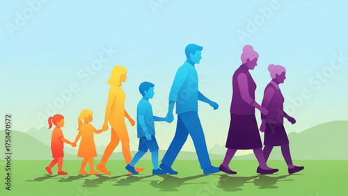Family walks together across a grassy field under a clear sky, representing generations and the cycle of life with colorful silhouettes, conveying unity and connection.