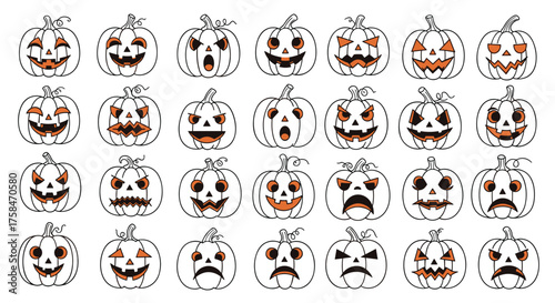 A collection of happy and sad carved pumpkins with faces.