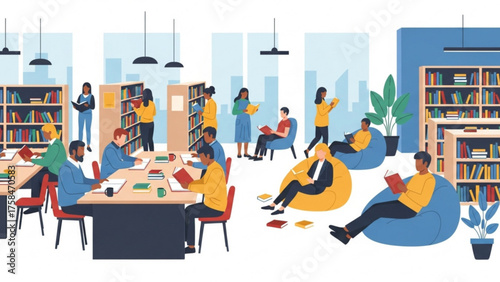 People reading and studying in a bright, modern library with bookshelves and comfortable seating, creating a calm and intellectual atmosphere.