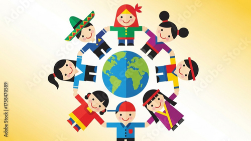 Diverse children holding hands around the world symbolize unity and global friendship, promoting peace and understanding in a vibrant and colorful representation.