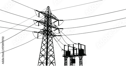 High voltage electricity transmission tower with power substation silhouette, industrial energy infrastructure vector illustration for electric distribution and renewable power grid system