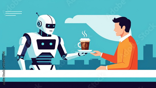 Robot waiter serves hot coffee to a businessman in a modern office, showcasing artificial intelligence and automation in the workplace, creating a futuristic and efficient atmosphere.