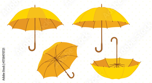A collection of four yellow umbrellas on a white background.