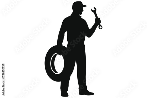 Silhouette of Auto Mechanic Holding Tire and Wrench Isolated on White Background – Vector Illustration Representing Vehicle Repair, Tire Change, Garage Service, and Automotive Maintenance Concept