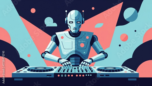 Robot is mixing music at a nightclub with vibrant lights and geometric shapes, creating a futuristic and energetic atmosphere.
