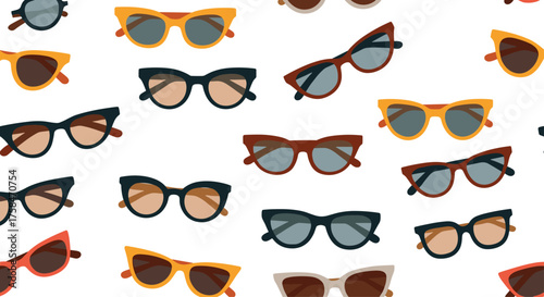 A colorful collection of various sunglasses on a white background.