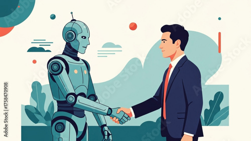 Robot and businessman shaking hands in a modern office, symbolizing collaboration and the future of work with a positive and optimistic tone.