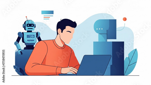 Man works on laptop with robot and futuristic computer in modern office, showcasing artificial intelligence and humanmachine collaboration.