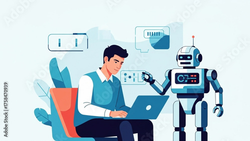 Man working on laptop while interacting with friendly robot in modern office, showcasing technology and collaboration in a futuristic setting.