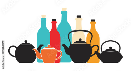 A collection of colorful teapots and bottles.