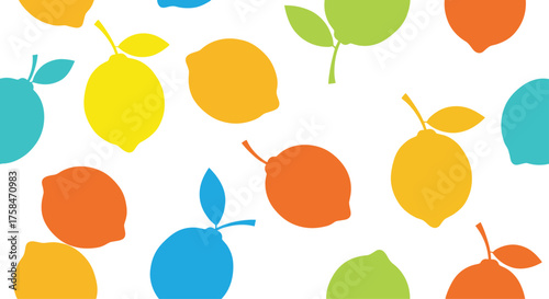 A bright and cheerful pattern of colorful citrus fruits against a white background.
