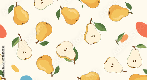 A delightful pattern of pears in various states of ripeness and stages of slicing.