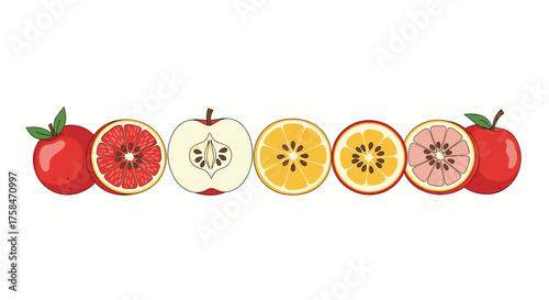 A colorful arrangement of sliced fruits showcasing their internal textures and seeds.