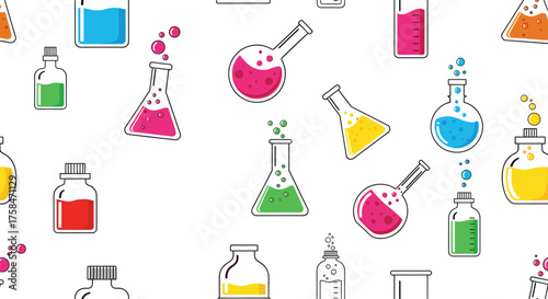 A vibrant background featuring various laboratory flasks filled with colorful liquids.
