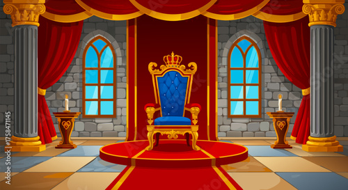 Grand throne room with ornate crown, regal red carpet, and tall arched windows, evoking royal power and majestic splendor