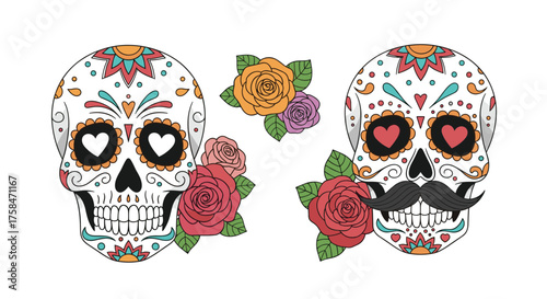 Decorative sugar skulls adorned with colorful floral accents.