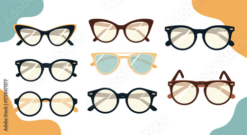 A collection of stylish eyeglasses with various frame shapes and lens tints.