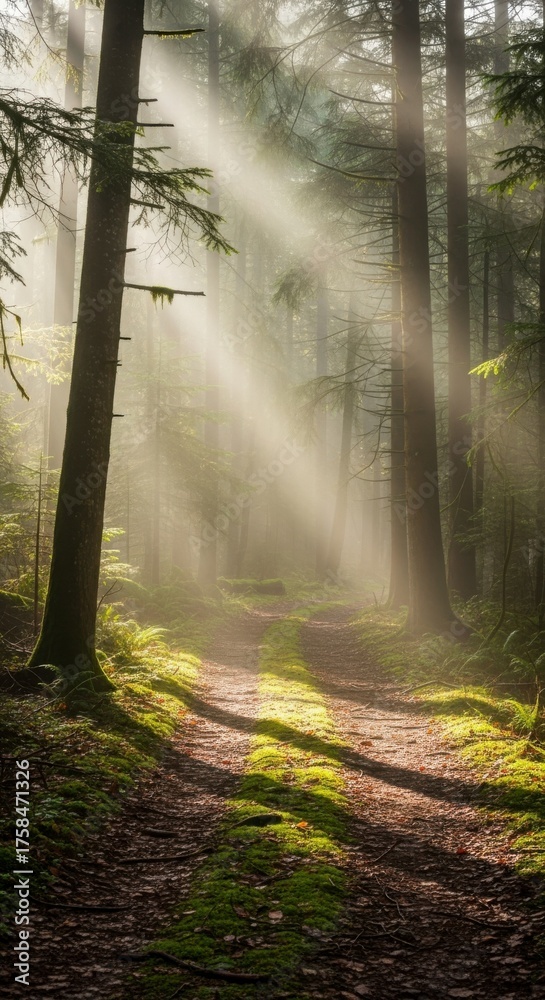 Obraz premium Sun rays shining through the trees in a forest, creating a mystical and enchanting atmosphere in the woods during the day