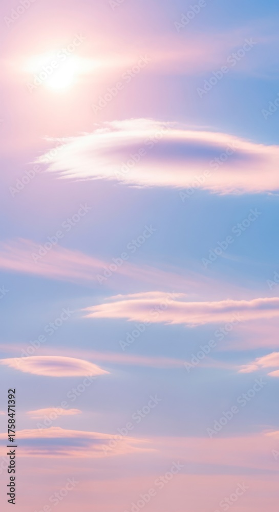 Obraz premium Beautiful pastel sky with soft clouds and sun, creating a serene and dreamy atmosphere, perfect for background or wallpaper