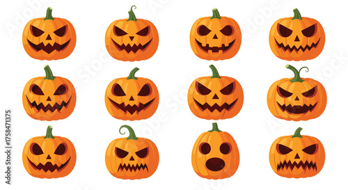 A grid of twelve carved pumpkins with spooky faces.