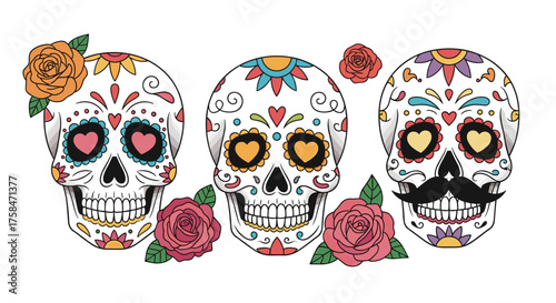 Traditional colorful sugar skulls with roses and embellishments.