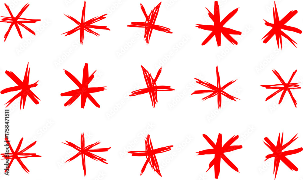 Fototapeta premium Abstract pattern of hand-drawn red asterisks arranged in neat rows on a white background, creating a playful and artistic modern texture design. 