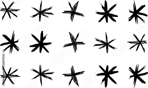 Abstract pattern of hand-drawn black asterisks arranged in neat rows on a white background, creating a playful and artistic modern texture design.
