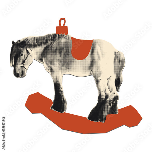 Rocking horse Christmas ornament funny art collage animal element. Cut out clipping shapes, halftone vintage dotted texture and doodles. Modern retro vector illustration on transparent background