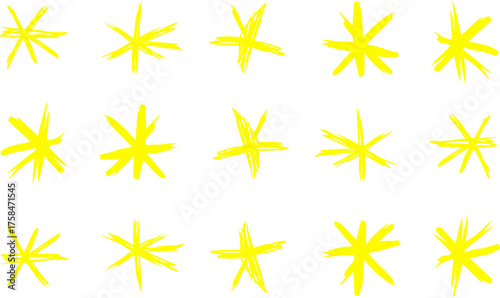Abstract pattern of hand-drawn yellow asterisks arranged in neat rows on a white background, creating a playful and artistic modern texture design.
