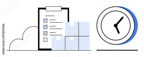 Task checklist with checkmarks, stacked boxes, a cloud, and a clock signifying time, tasks, delivery, and organization. Ideal for productivity, logistics planning deadlines workflow shipping