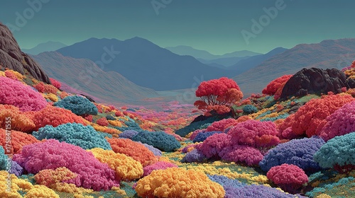  Landscape of Different Worlds with Colorful Flowers, AI Generated