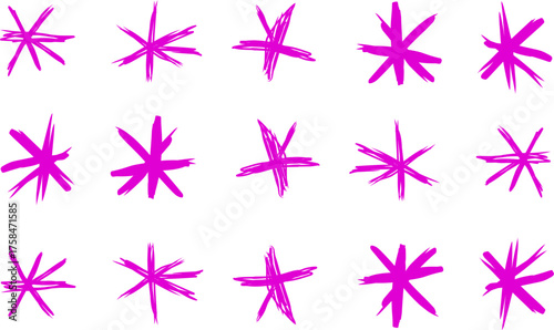 Abstract pattern of hand-drawn pink asterisks arranged in neat rows on a white background, creating a playful and artistic modern texture design.
