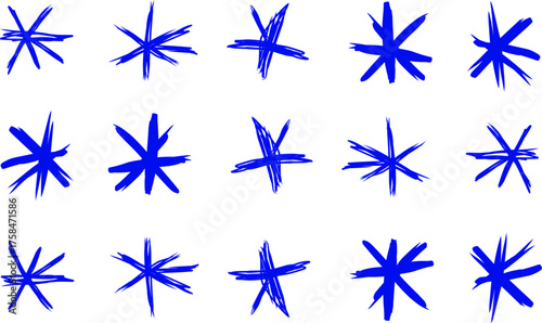 Abstract pattern of hand-drawn blue asterisks arranged in neat rows on a white background, creating a playful and artistic modern texture design.
