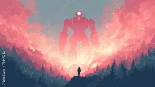 Flat 2D illustration of a giant robot towering over a human, vibrant colors and dreamy atmosphere creating a surreal futuristic mood.