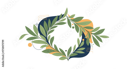 A decorative wreath of green leaves and abstract shapes forms a unique frame.