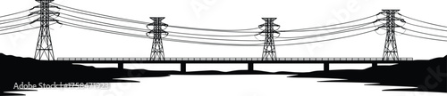 High voltage electricity transmission towers and power lines over river bridge landscape, industrial energy infrastructure silhouette, renewable power distribution concept vector illustration