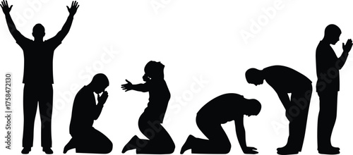 Prayer silhouettes illustration, worship poses, spiritual devotion art, religious gesture sequence, humility expression, meditation posture, black and white design
