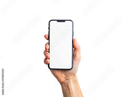 Hand holding smartphone isolated on transparent background with blank screen for design