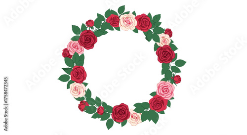 A circular arrangement of red and pink roses with green leaves.