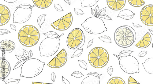 A repeating pattern of yellow lemon slices and sketched leaves.