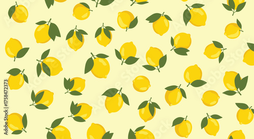 A cheerful pattern of yellow lemons with green leaves on a light yellow background.