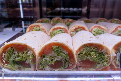 Smoked salmon and lettuce cake canape, healthy and fresh