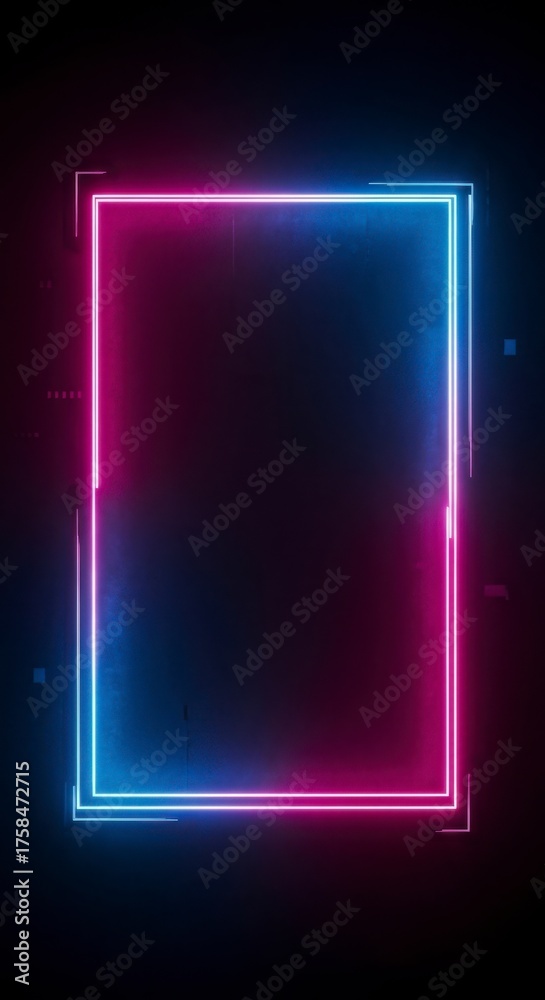 Obraz premium A vibrant neon rectangle frame with pink and blue hues, perfect for modern designs and eyecatching visuals on a dark background