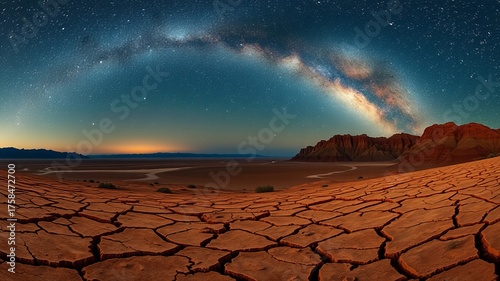The Milky Way arches majestically over a desolate desert landscape with cracked earth and distant mountains under a serene and starry night sky panorama.
