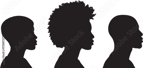Side Profile Head Silhouettes Trio of People with Different Hairstyles Vector