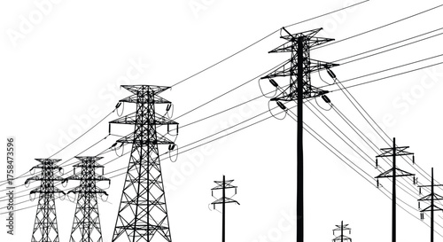 High voltage electricity transmission towers and power poles silhouette with multiple electric lines, energy distribution network, industrial infrastructure vector illustration background